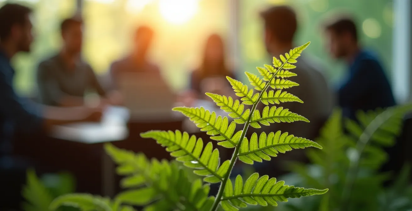 Intérieur avec plantes vertes et lumière naturelle créant une ambiance apaisante