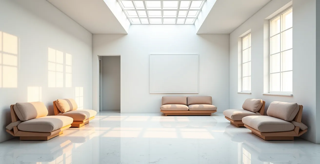 Vue d'un espace de travail créatif baigné de lumière naturelle avec mobilier modulable