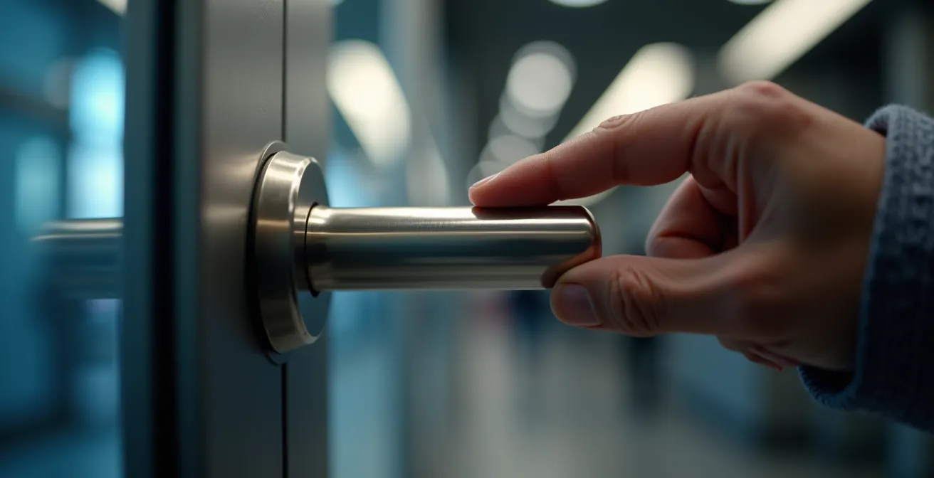 Gros plan sur une main inspectant la qualité d'une poignée de porte en métal