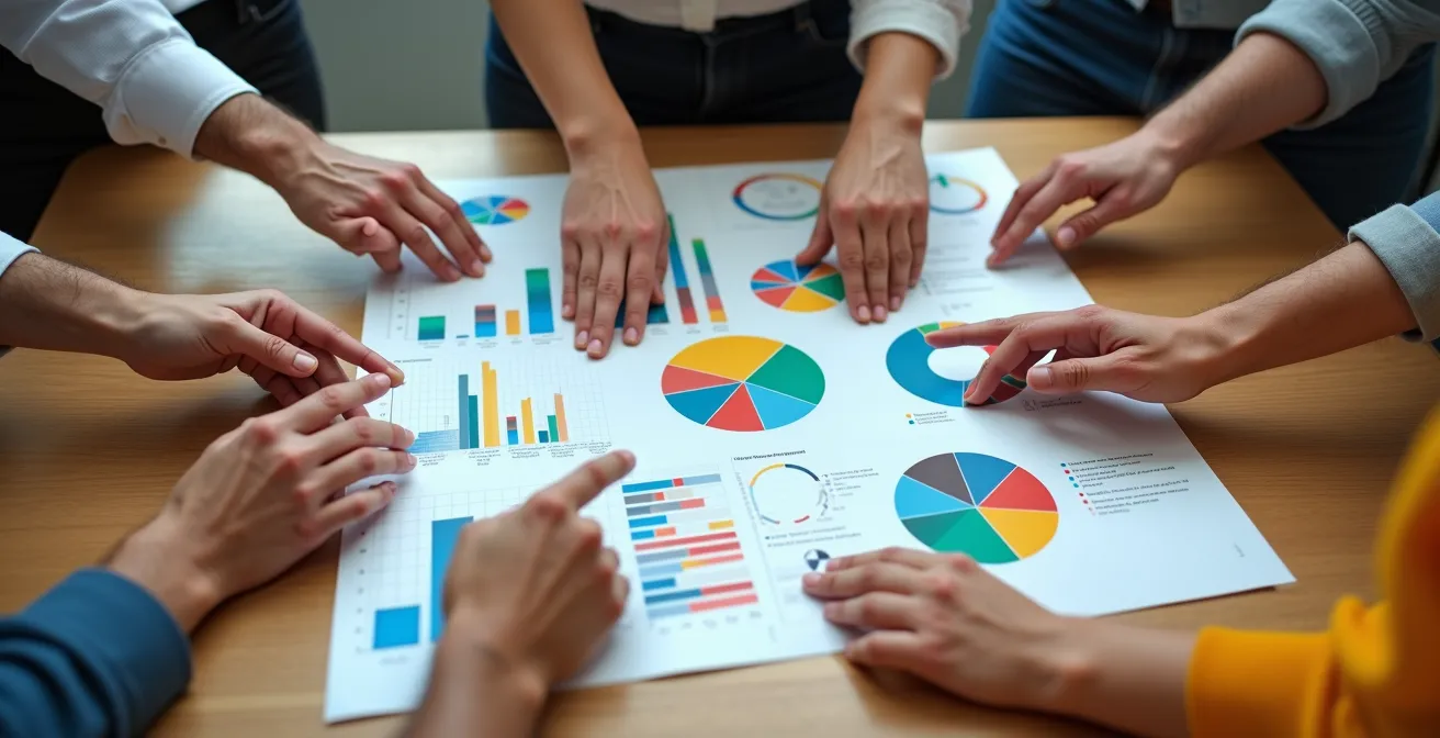 Mains professionnelles pointant vers des graphiques colorés sur une table