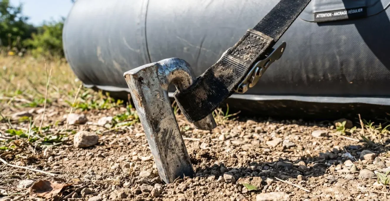 Vue en gros plan d'un piquet d'ancrage métallique enfoncé dans le sol avec une sangle de tension fixée à une structure gonflable