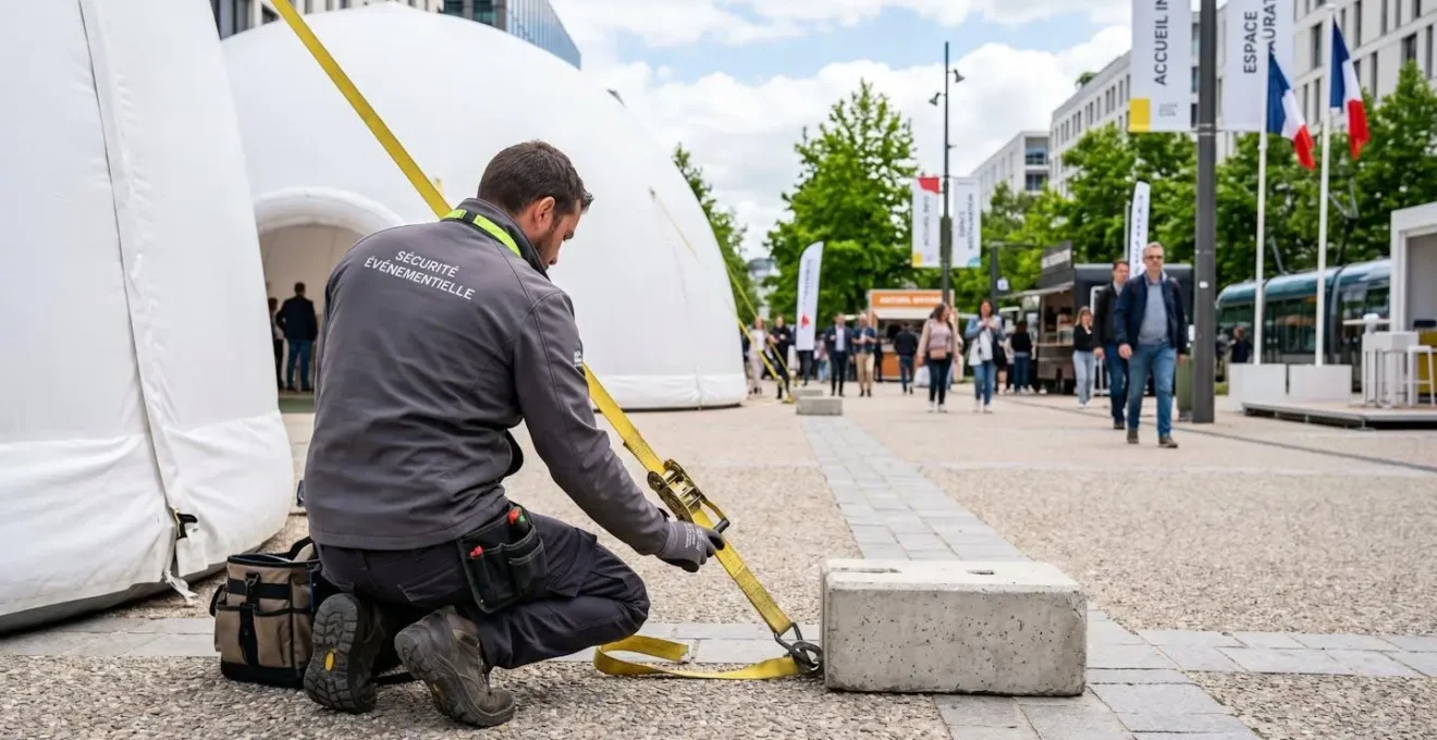 Un technicien vérifie les points d'ancrage d'un château gonflable installé lors d'un événement en plein air