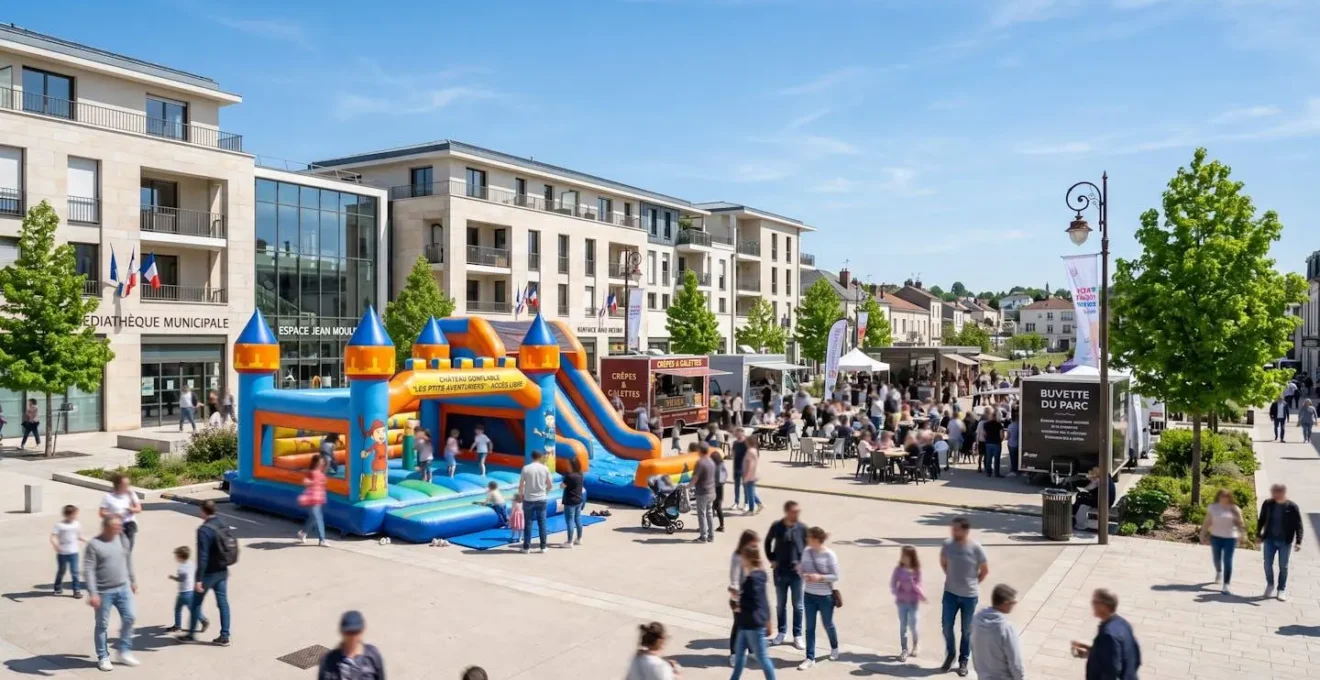 Vue d'ensemble d'un événement extérieur avec un château gonflable installé sur une pelouse, ciel dégagé visible en arrière-plan