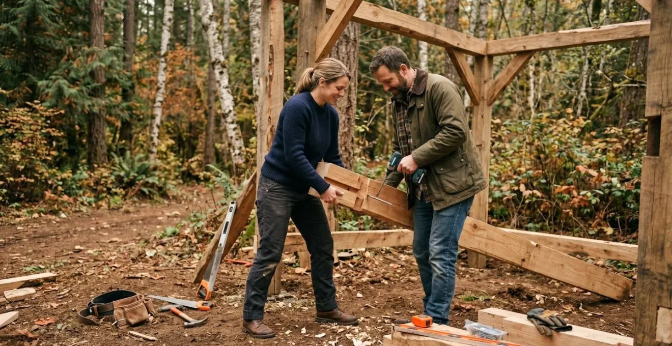 Deux collaborateurs en tenue décontractée assemblent des planches en bois dans un espace forestier dégagé, lumière diffuse d'une journée couverte