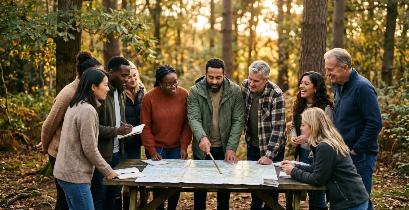 Groupe de collaborateurs en tenue décontractée collaborant autour d'une mission collective en forêt, lumière naturelle dorée