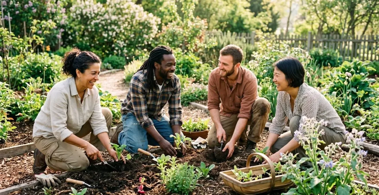 Quatre collaborateurs d'âges variées travaillant ensemble dans un potager collectif en plein air, un matin ensoleillé