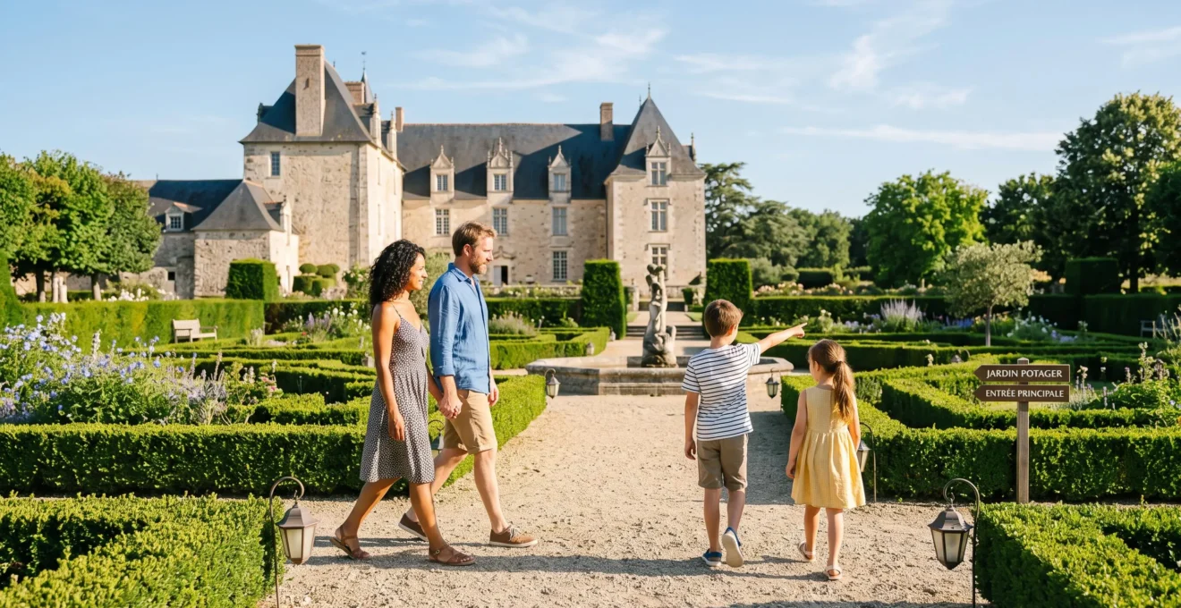 Famille avec deux enfants se promenant dans un jardin à la française vendéen, architecture patrimoniale en arrière-plan, belle journée d'été