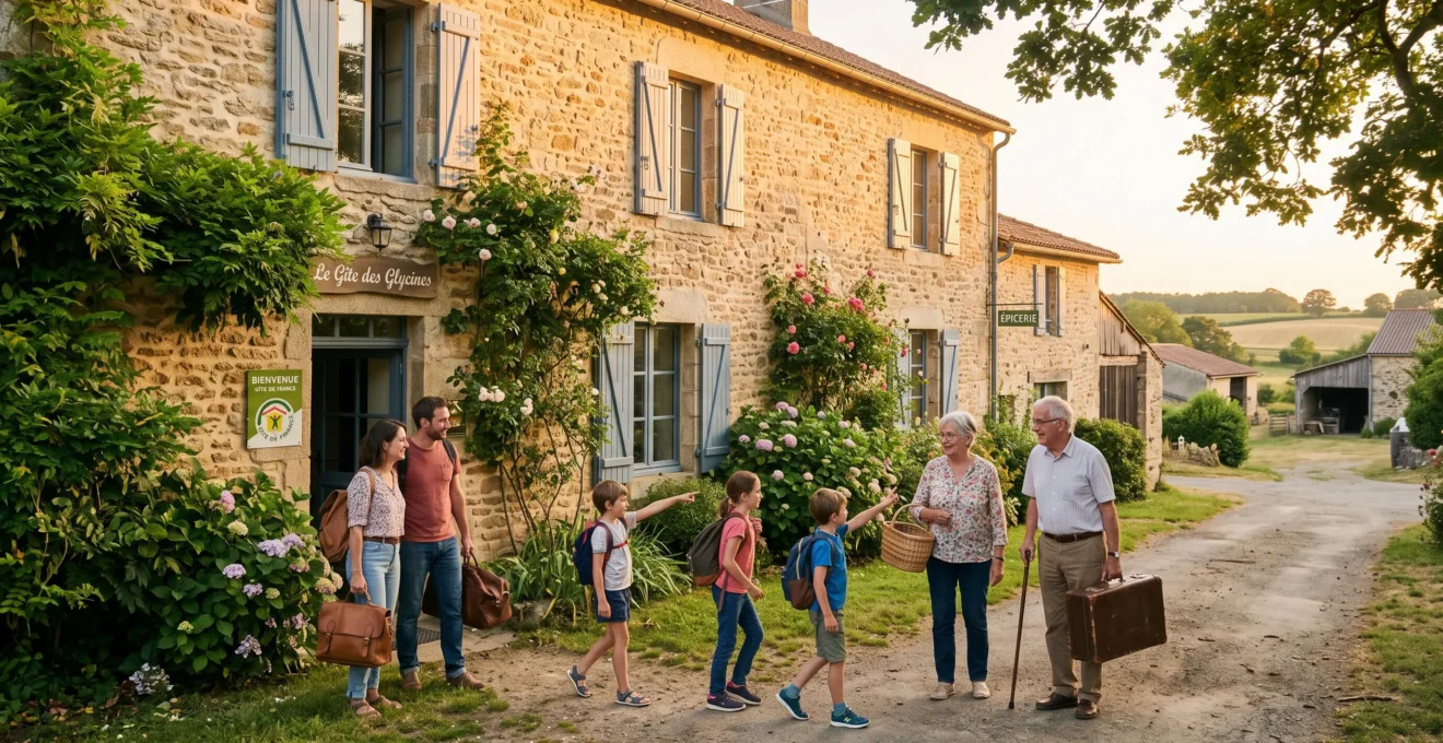 Famille multigénérationnelle arrivant avec leurs bagages devant un gîte en pierre typique de Vendée, lumière chaude de fin d'après-midi d'été
