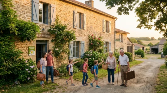 Famille multigénérationnelle arrivant avec leurs bagages devant un gîte en pierre typique de Vendée, lumière chaude de fin d'après-midi d'été