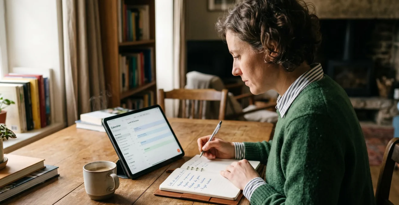 Femme consultant sur tablette des horaires de spectacles tout en prenant des notes dans un carnet, lumière naturelle matinale