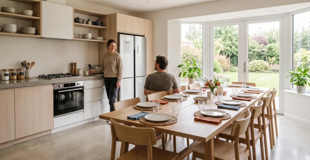 Grande table à manger en bois clair dans un gîte de groupe contemporain, salle spacieuse avec baies vitrées donnant sur jardin