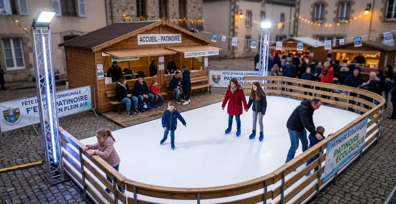 Vue d'ensemble d'une patinoire synthétique mobile installée en intérieur lors d'un événement nocturne, avec plusieurs patineurs d'âges variés en activité sur la surface blanche délimitée par des rambardes en bois, éclairée par des totems lumineux et un chalet d'accueil en arrière-plan