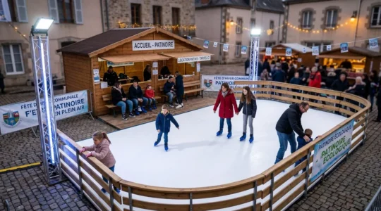 Vue d'ensemble d'une patinoire synthétique mobile installée en intérieur lors d'un événement nocturne, avec plusieurs patineurs d'âges variés en activité sur la surface blanche délimitée par des rambardes en bois, éclairée par des totems lumineux et un chalet d'accueil en arrière-plan