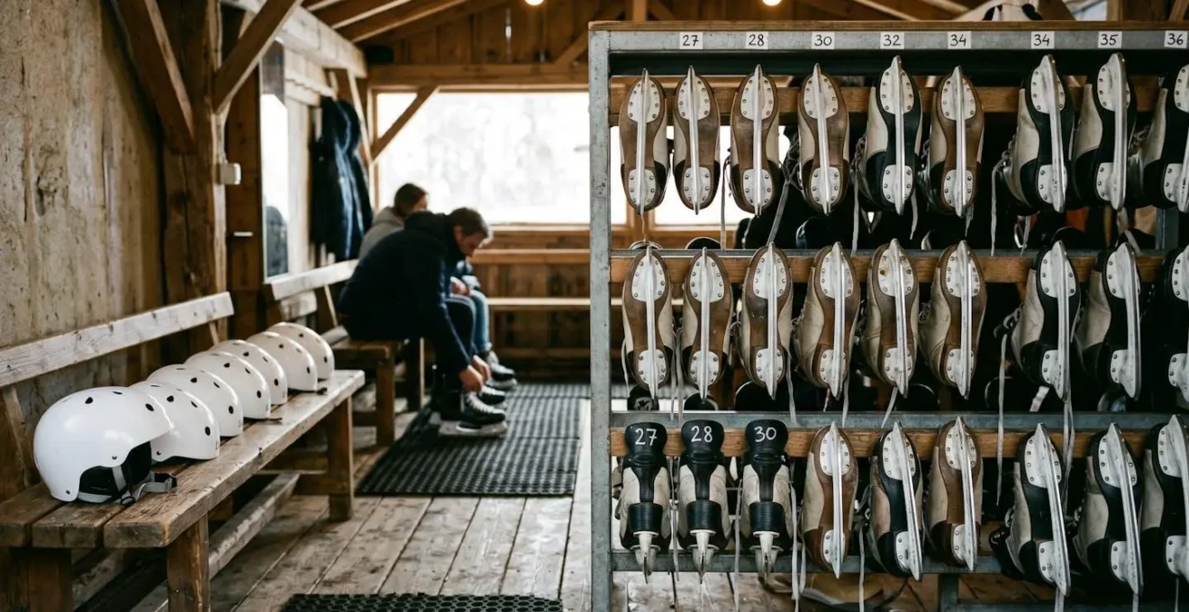 Rack de patins à glace professionnels de tailles variées avec étiquettes visibles et rangée de casques blancs homologués au premier plan, dans la zone de chausse d'une patinoire mobile avec bancs en bois en arrière-plan