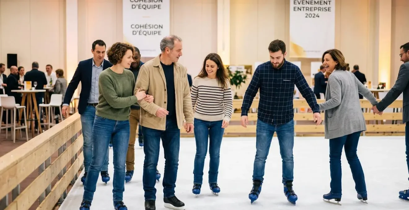 Groupe de collaborateurs d'âges variés en tenue décontractée professionnelle patinant ensemble sur une patinoire synthétique mobile lors d'un team building en intérieur, certains se tenant par le bras, dans une ambiance conviviale et souriante