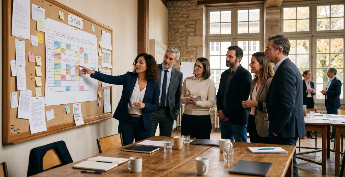 Des dirigeants examinent ensemble un programme affiché sur un tableau lors d'un séminaire.